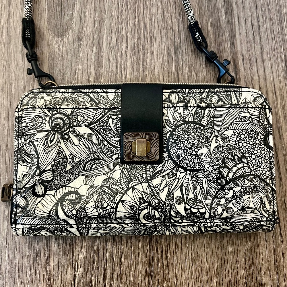 Sakroots Wallet Crossbody (white & black bohemian, paisley, mandala design)